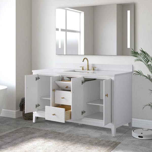60 in. W x 34 in. H Single Sink White Bath Vanity Cabinet with Arabescato White Engineered Marble Top