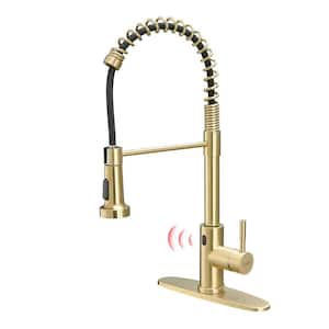 Single Handle Pull Down Sprayer Kitchen Faucet with Sensor and Deckplate in Gold