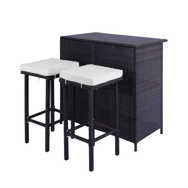 Miscool 39 in. H Anky Brown 3-Piece Wicker Rectangle Outdoor Serving Bar Set with Beige Cushions, Dining Bistro Set