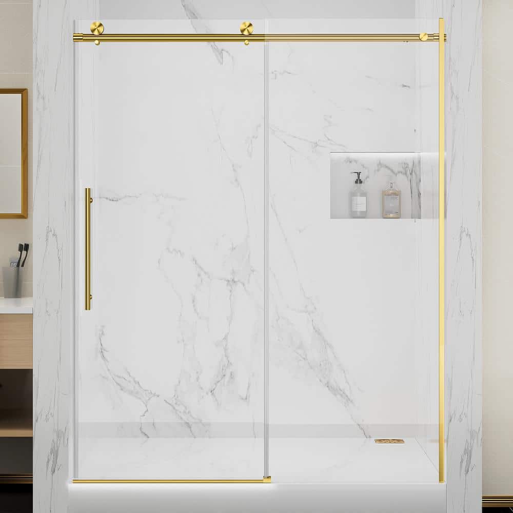 56 in. - 60 in. x 75 in. Frameless Sliding Shower Door with Glass in Brushe