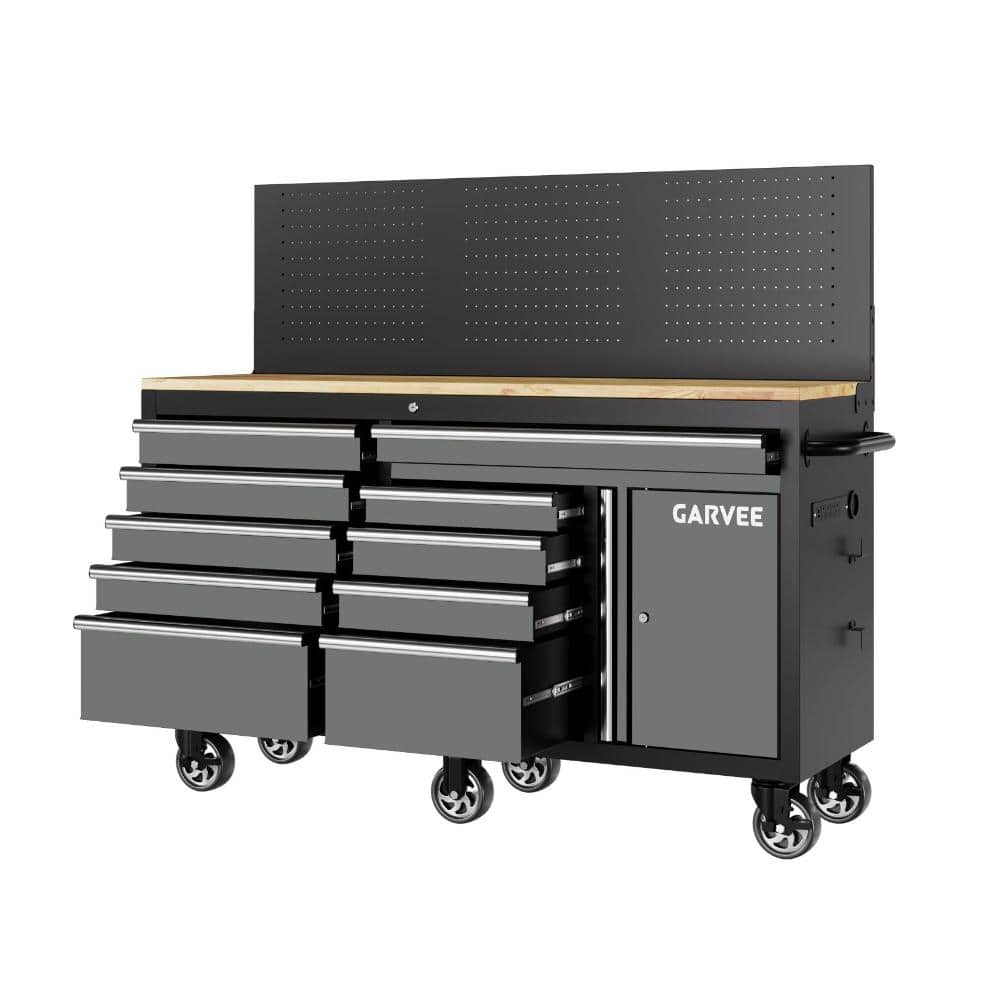 60 in. Gray Steel Mobile Workbench Cabinet with Wheels, 10 Drawers, Pegboard Back Panel, Rubber Wood Top, Key Lock price history on PriceWatchPro
