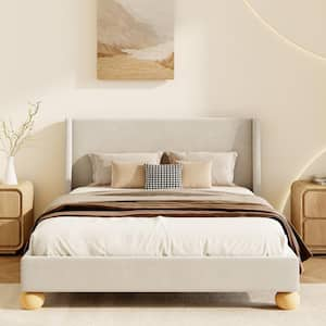 Cream White Wood Frame King Size Platform Bed with Wingback Headboard and Round Legs