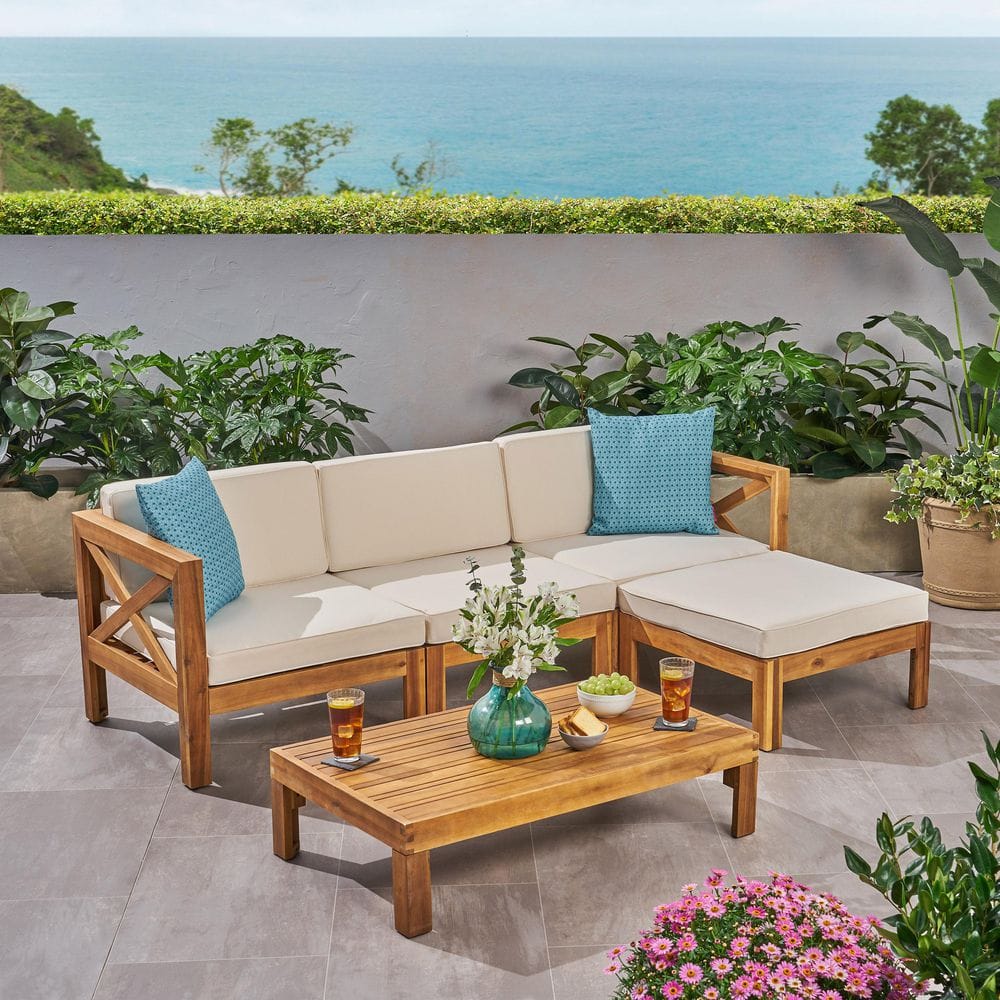 5-Piece Acacia Wood Outdoor Patio Sectional Sofa Furniture Set with Acacia 
