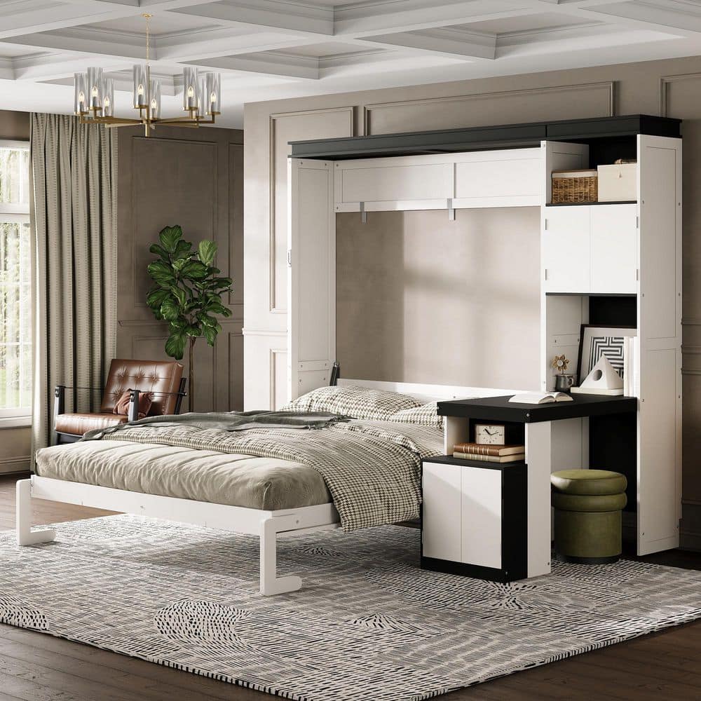 White Wood Frame Full Size Murphy Bed with Desk, Storage Shelves, Cabinets, 2-Installment Mode