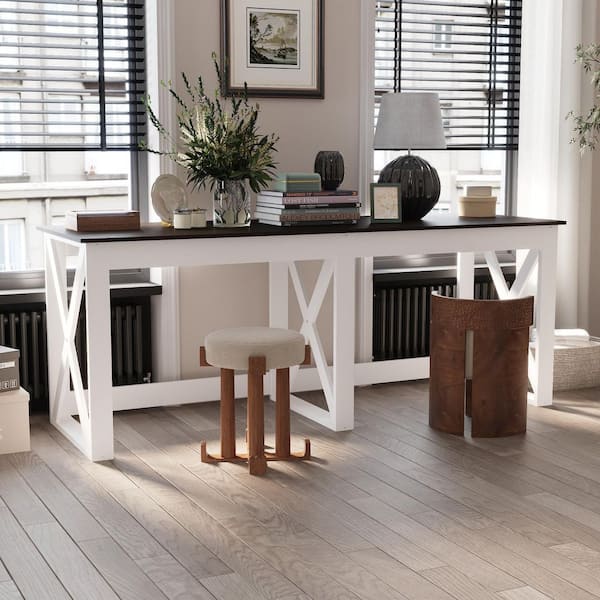 FUFU&GAGA 83.9 in. Length White and Brown Rectangle Wood Console Table, Shoe Storage, Side Console Desk with Walnut Look Table Top