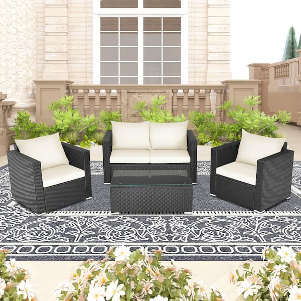 ANGELES HOME 4-Piece Rattan Wicker Patio Conversation Set with White Cushions and Tempered Glass Top Coffee Table
