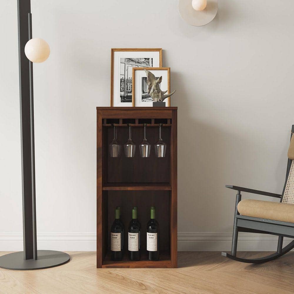 Walnut Wood Wine Bar Cabinet, Freestanding Modular Cabinet with Glass Cup Holder and Storage Shelves for Dining Room