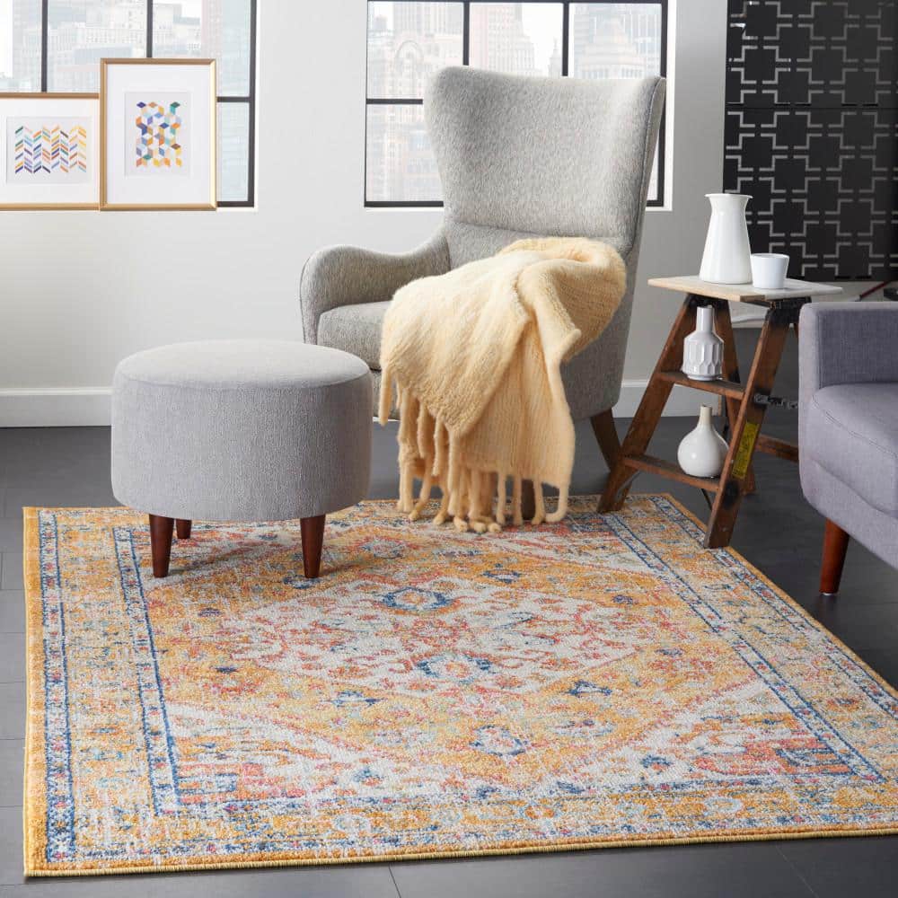 Ivory and Yellow Floral Viscose Rectangular Area Rug