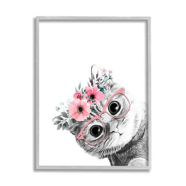 The Stupell Home Decor Collection Pink Flower Crown Cat Glasses Monochrome Simple Design by Annalisa Latella Framed Animal Art Print 20 in. x 16 in.