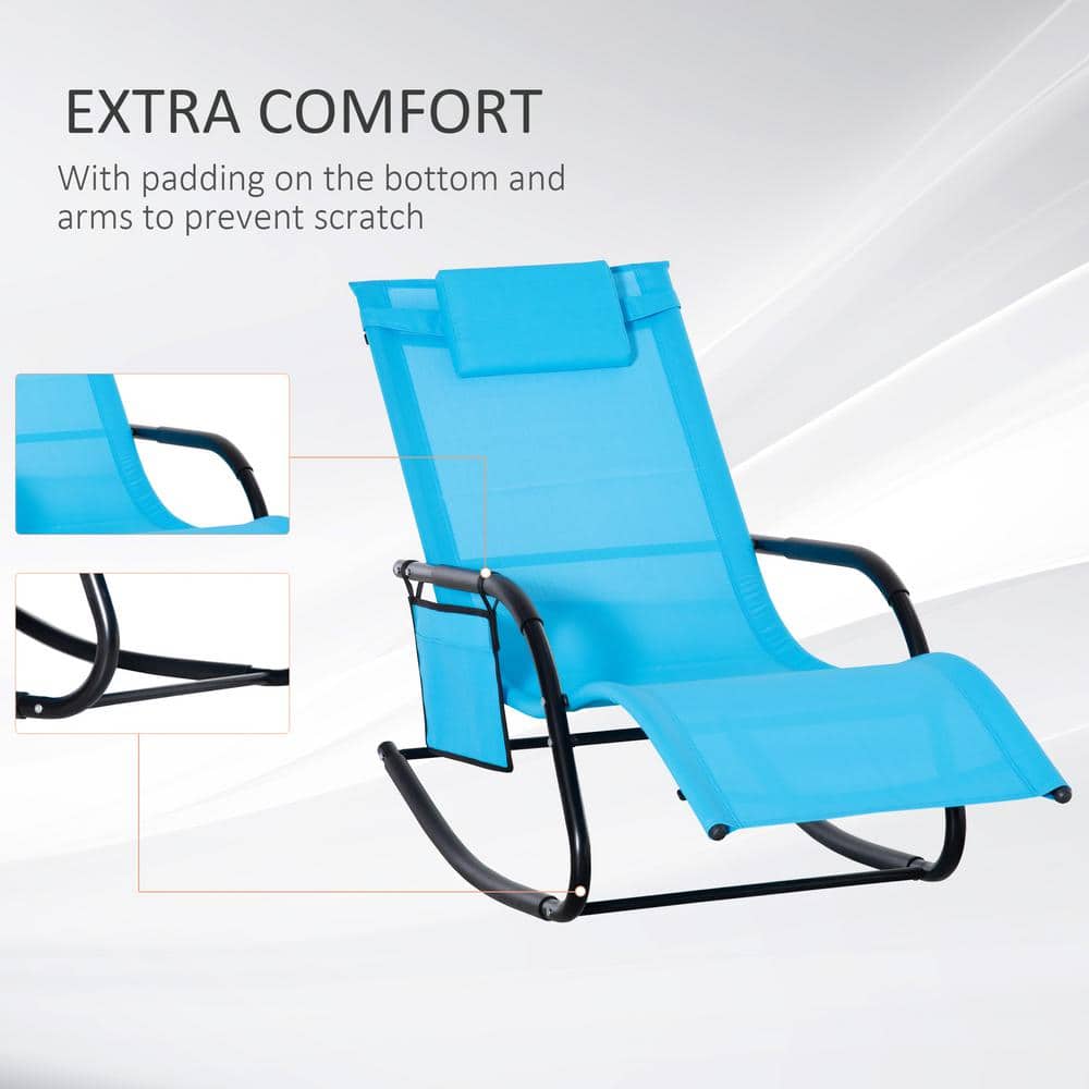 Sky Blue Outdoor Rocking Recliner with Cushioned Headrest and Side Pocket