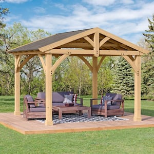 Carolina 11 ft. x 13 ft. Premium Outdoor Cedar Backyard Patio Shade Pavilion with Brown Aluminum Gazebo Style Roof