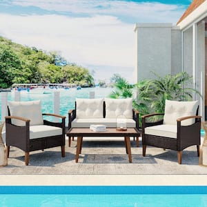 Brown 4-Piece Wood and Wicker Patio Conversation Set with Beige Cushions and Table Cover