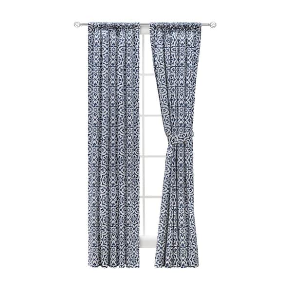 Ellis Curtain Athens Navy Cotton 100 in. W x 72 in. L Rod Pocket Room Darkening Panel Pair Curtains with Tiebacks
