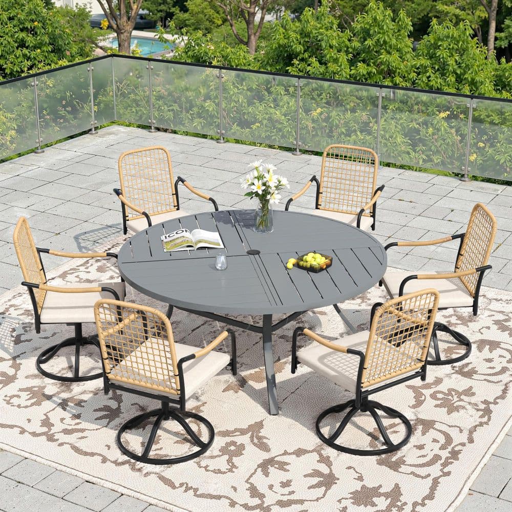 7-Piece Metal Outdoor Dining Set with 50 in. Gray Round Table and 6 Swivel Wicker Chairs with Beige Cushions price history on PriceWatchPro