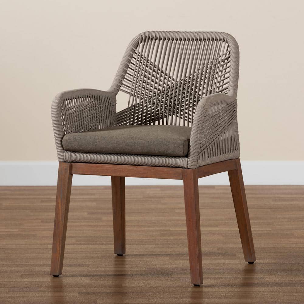 Gray Woven Rope Mahogany and Aluminum Dining Arm Chair