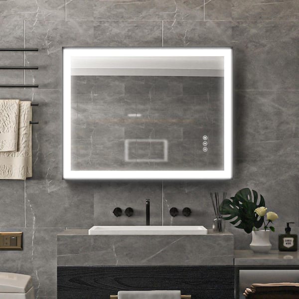 28 in. W x 36 in. H Rectangular Black Framed LED Lighted Antifog Dimmable Wall Mount Bathroom Vanity Mirror in Black