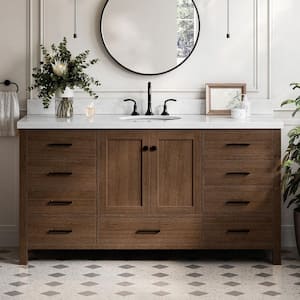 Cambridge 66 in. Single Sink Freestanding Bathroom Vanity in Brown Oak with Carrara White Marble Top