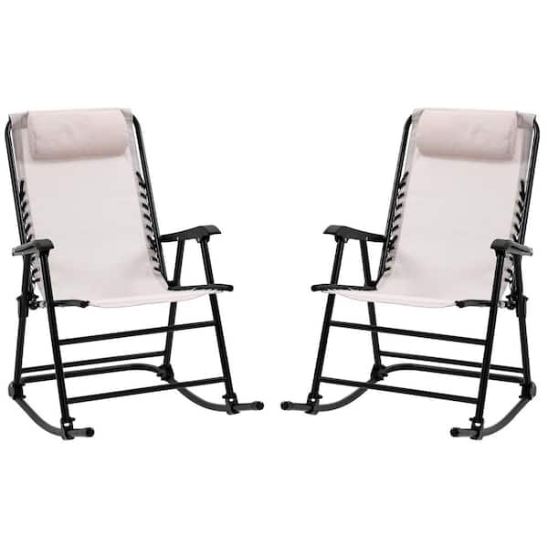 Zeus & Ruta 2-Piece White Metal Outdoor Rocking Chair Folding Zero Gravity Lounge Chairs with Headrests for Outdoor, Garden, Patio
