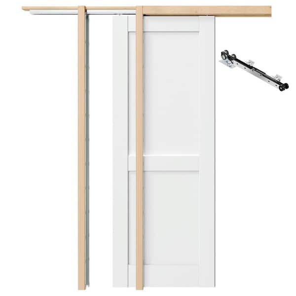 (2x24) 48 in. x 80 in. 2-Panel White Primed Pine Wood Core Double Pocket Door with Soft Close, Frame and Hardware