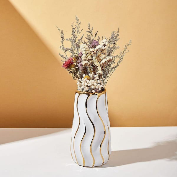 9 in. Vertical Stripe White Ceramic Cylinder Bottle Decorative