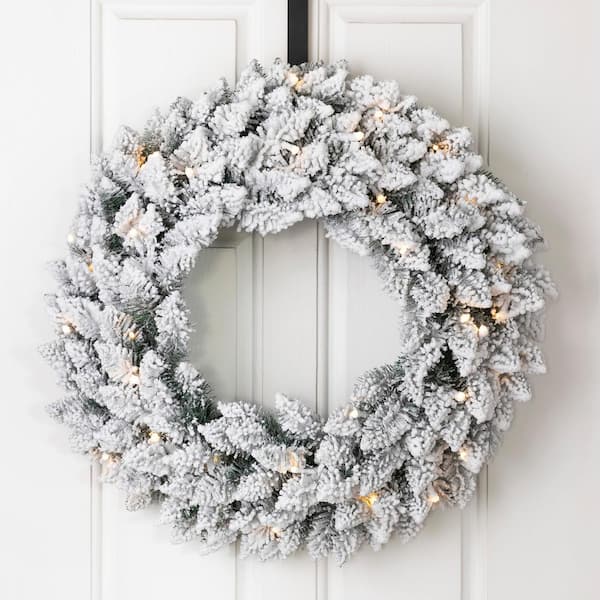30” White Flocked Cordless Pre-Lit Indoor/Outdoor Wreath @