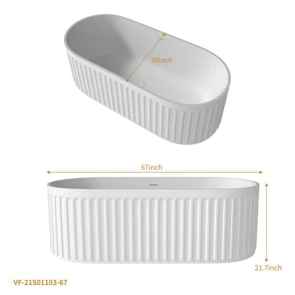 67 in. Stone Resin Flatbottom Freestanding Vintage Stripe Oval Double Slipper Soaking Bathtub in White