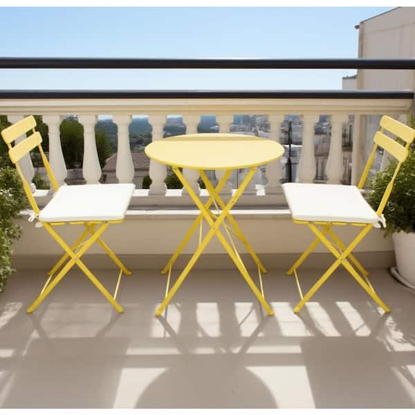3-Pieces Yellow Steel Outdoor Bistro Set with Foldable Round Table and Chairs