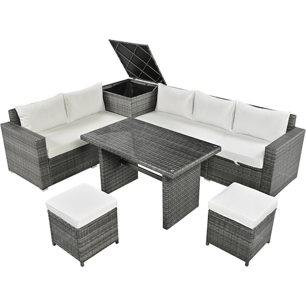 Unbranded 6-Piece Grey PE Rattan Metal Steel Adjustable Outdoor Sectional Sofa Set with Beige Cushions Tempered Glass Top Table