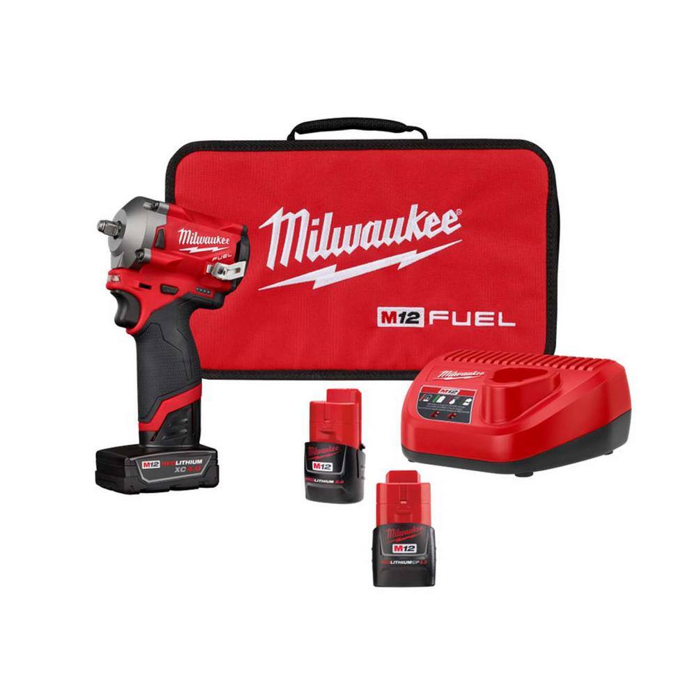 Milwaukee M12 FUEL 12-Volt Lithium-Ion Cordless Stubby 3/8 in. Impact Wrench Kit with M12 2.0 Ah Compact Battery Pack -  2554-22-48