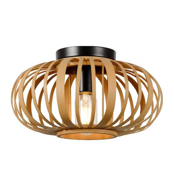 Unbranded 11.8 in. W 1-Light Boho Natural Hand Woven Bamboo Chandelier Lantern Flush Mount Light with Dimmable LED Bulb
