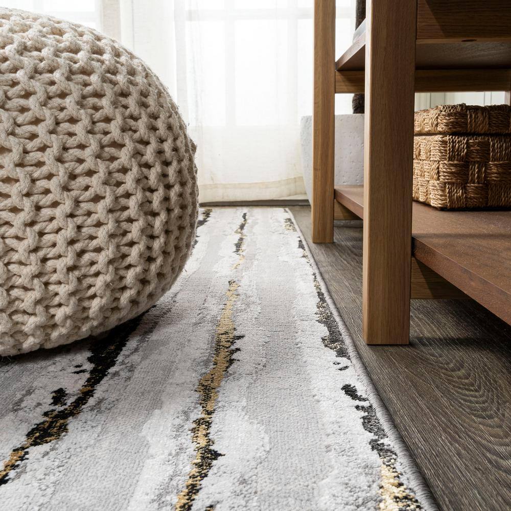Gray and Black Modern Stripe Synthetic Area Rug