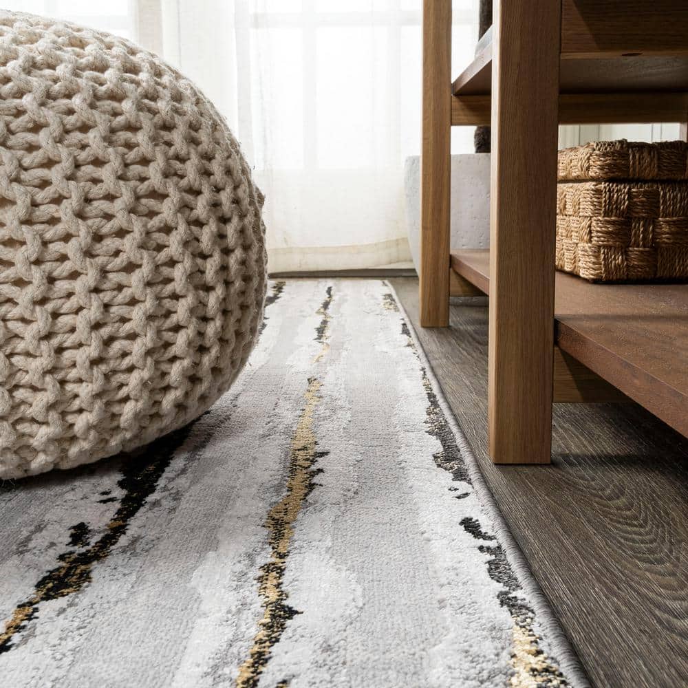 Gray and Black Rectangular Synthetic Stripe Area Rug, 8' x 10'