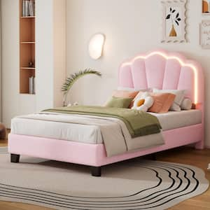 Pink Wood Frame Twin Size Sherpa Fabric Upholstered Platform Bed, Elegant Flowers Headboard with LED Light Strip