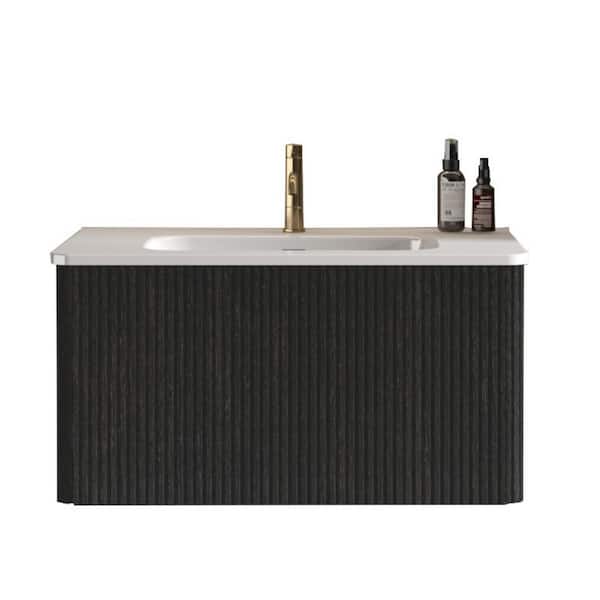 30 in. Single Sink Floating Black Bath Vanity with White Ceramic Top (Assembled), Push Open Drawer