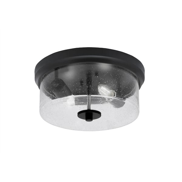 Unbranded Ashland 12 in. 2 Light Matte Black Flush Mount with Clear Bubble Glass Shade No Bulbs Included