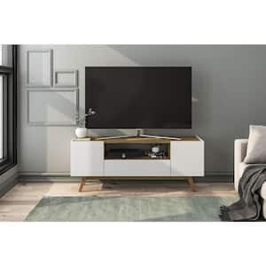 59 in. White and Walnut Composite TV Stand with 1 Drawer Fits TVs Up to 60 in. with Storage Doors
