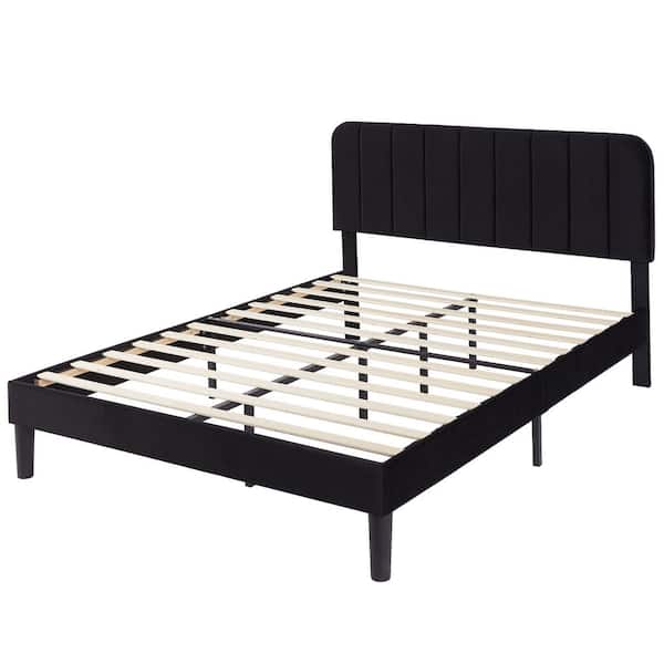 Upholstered Bed, Black Full Bed Platform BedFrame with Adjustable Headboard, Strong Wooden Slats Support Bed Frame