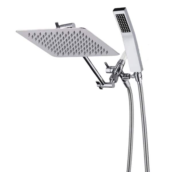 Wudkey 2-Piece 8 in. Square Rain Shower Head and Handheld Spray with Adjustable Arm, 3-Way Diverter and 71 in. Hose in Chrome
