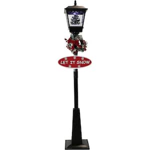 71 in. Black Christmas Musical Snowy Street Lamp with Christmas Scene, 2 Signs, Cascading Snow and Holiday Songs