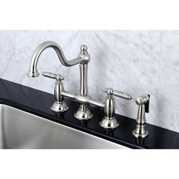 Restoration 2-Handle Bridge Kitchen Faucet with Brass Sprayer in Brushed Nickel
