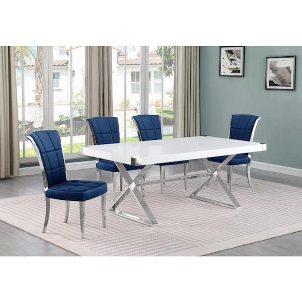 Best Quality Furniture Miguel 7-Piece Rectangle White Wood Top Silver Stainless Steel Dining Set with 6 Navy Blue Velvet Chairs