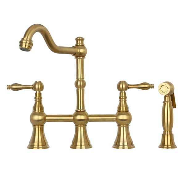 Double Handle Bridge Kitchen Faucet with Side Sprayer in Brushed Gold