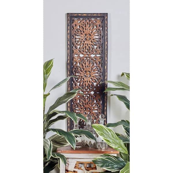 Litton Lane Wood Brown Handmade Intricately Carved Floral Wall Decor (Set of 2)