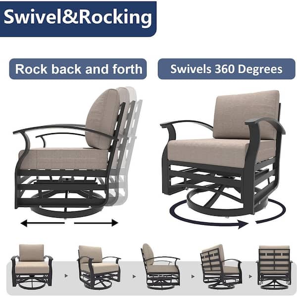 5-Seat Aluminum Patio Conversation Set with armrest, Firepit Table, Swivel Rocking Chairs and Sand Cushions