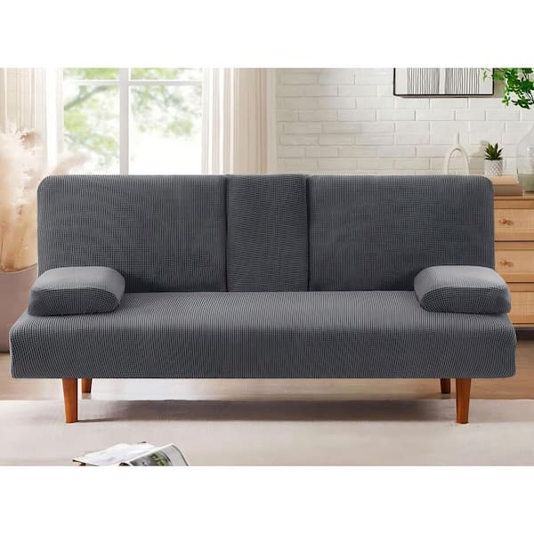 4-Piece Gray Polyester Stretch Futon Slipcover with Removable Armrests and Cupholders Covers, Sofa Bed Futon Cover