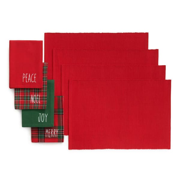 Threadmade Home Holiday Christmas Sentiments Placemat and Napkin Value Set of 8 (4 of Each), Multicolor - 13"W x 19"L