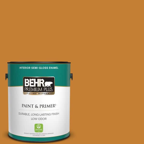 BEHR PREMIUM PLUS 1 gal. #S-H-290 Exotic Honey Semi-Gloss Enamel Low Odor Interior Paint & Primer