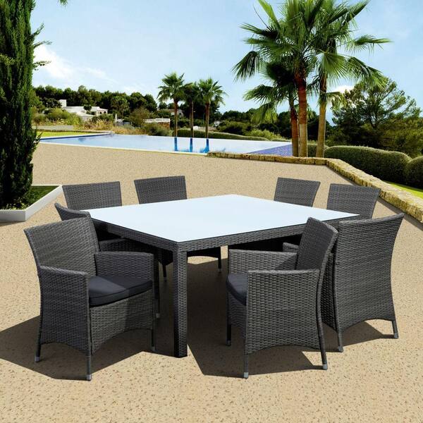 Atlantic Contemporary Lifestyle Grand New Liberty Deluxe Gray 9-Piece Square All-Weather Wicker Patio Dining Set with Gray Cushion