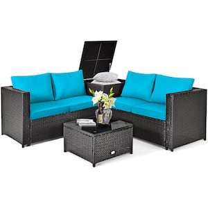 4-Piece Wicker Loveseat Patio Conversation Set with Turquoise Cushions
