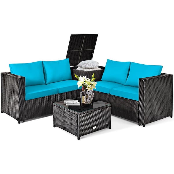 Costway 4-Piece Wicker Loveseat Patio Conversation Set with Turquoise Cushions